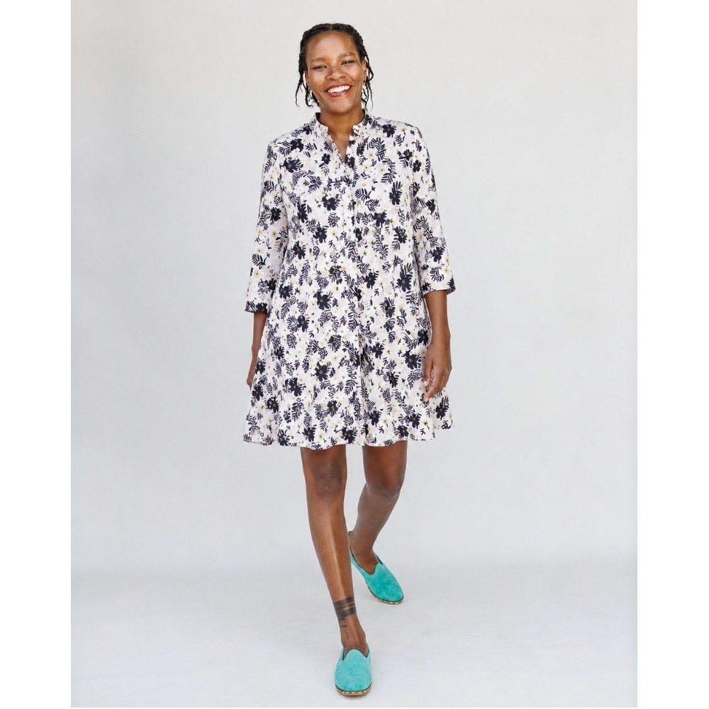 Zuri Kenya Botanical Floral Cotton Button Down Shirt Dress Long Pink Navy Small